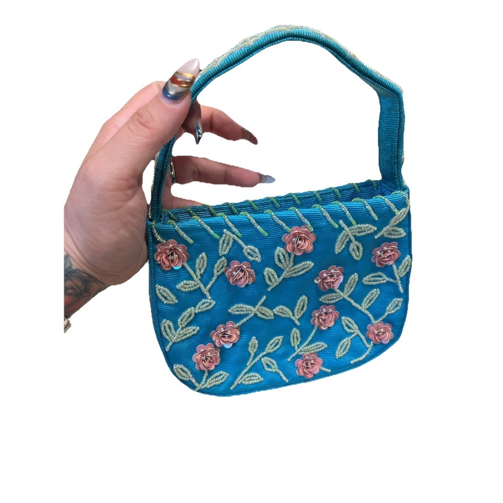 Franchi Beaded Floral Evening Bag Blue Sequin Rose‎ Purse Vintage Y2K Fairy